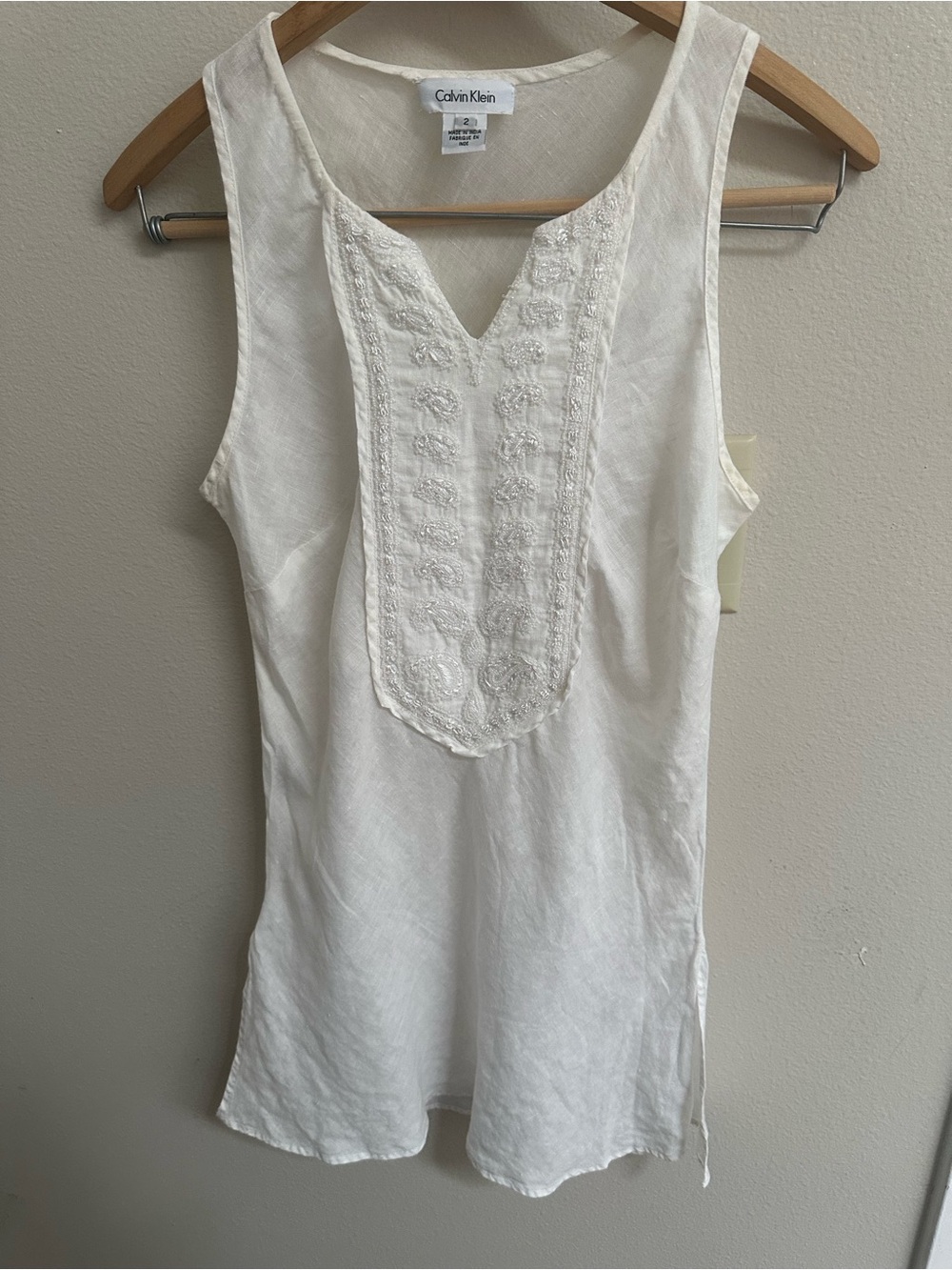Calvin Klein White Embroidered Linen Tank Top Size 2